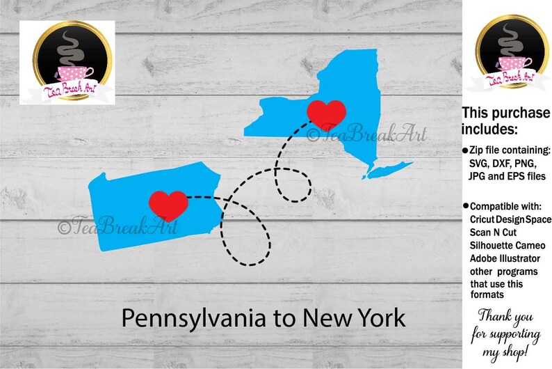 Pennsylvania and New York Distance Relationship Digital Etsy