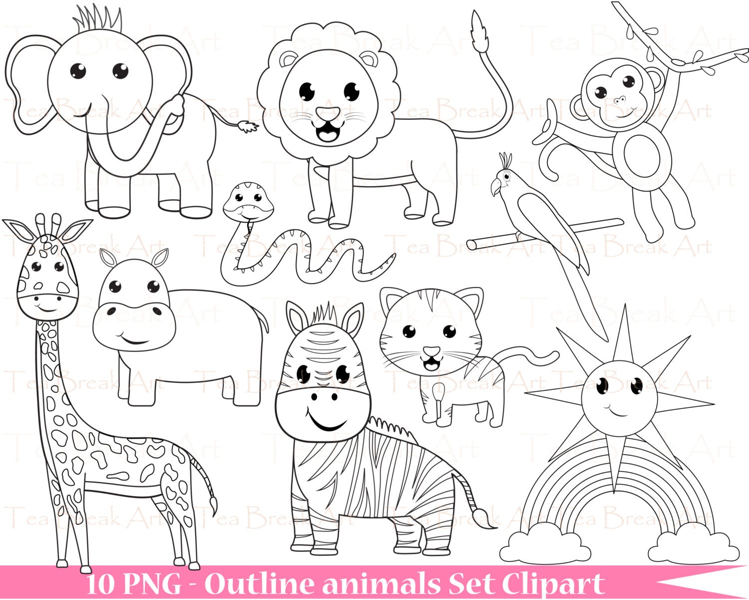 Outline Animals Set Clipart Digital Clip Art Graphics 027 | Etsy