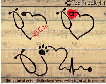 Vet Care Heart Stethoscope Monogram Digital Cutting files Clipart png svg dxf jpg Digital Design for vinyl iron on heat transfer decal 401C