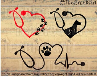 Vet Care Heart Stethoscope Monogram Digital Cutting files Clipart png svg dxf jpg Digital Design for vinyl iron on heat transfer decal 564C