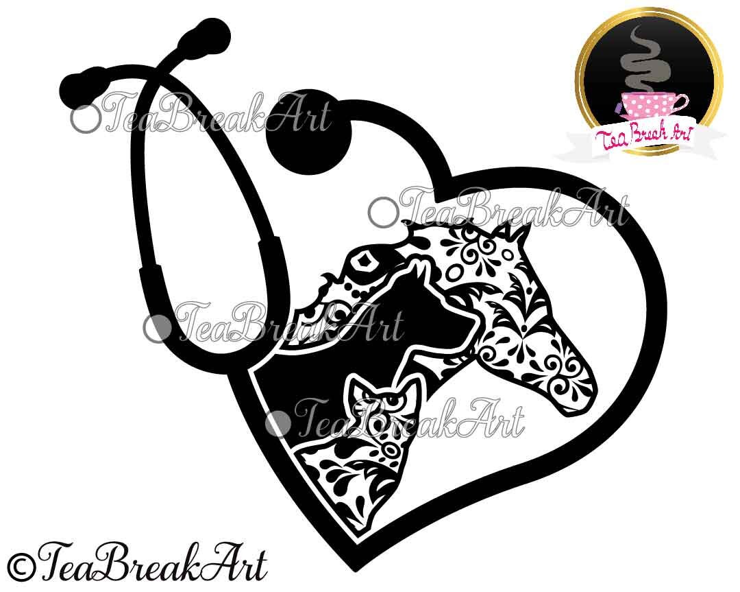 Vet Care Heart Stethoscope, Vet Tech Cutting Files, Clipart, Digital
