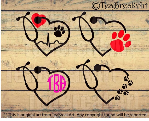 Vet Care Heart Stethoscope Monogram Digital Cutting Files Etsy