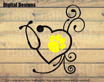 Vet Care Heart Stethoscope Monogram Digital Cutting files Clipart png svg dxf jpg Digital Design for vinyl iron on heat transfer decal 935C