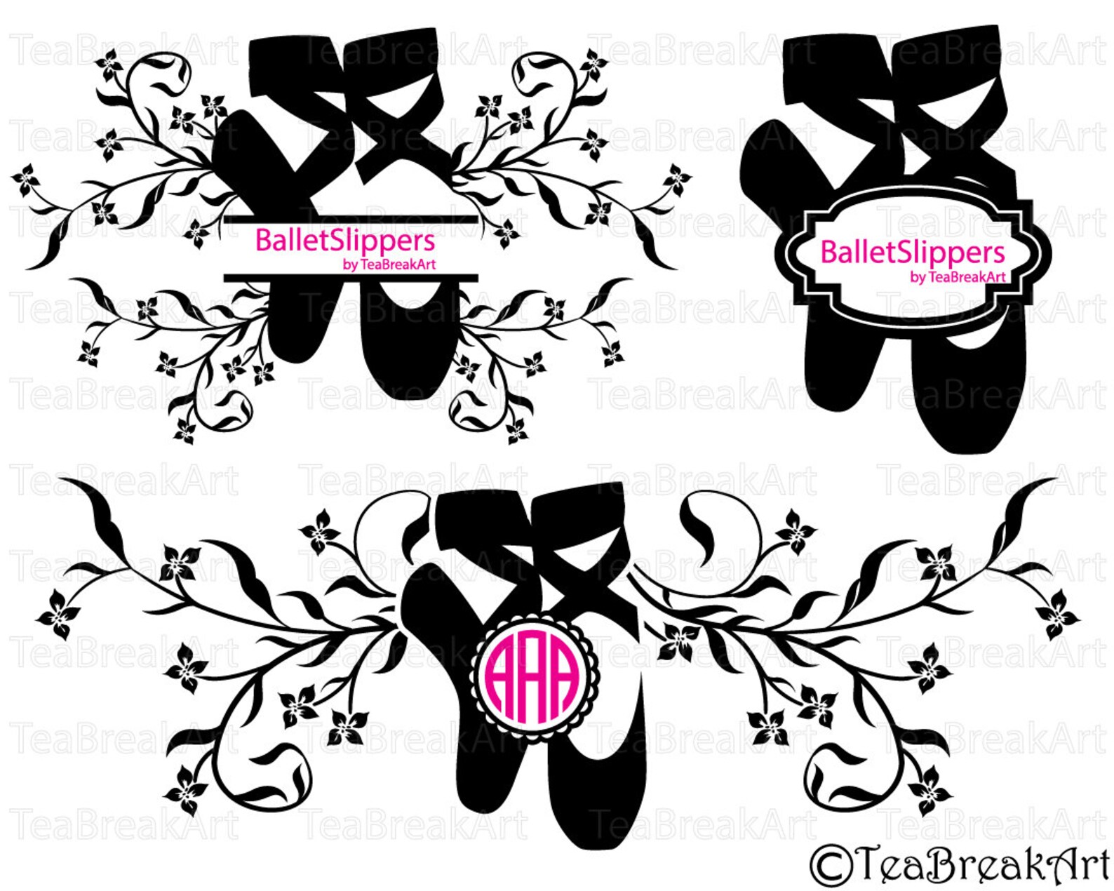 ballet slippers floral frames split and circle cutting files clip art svg png eps digital design for vinyl decal heat transfer i