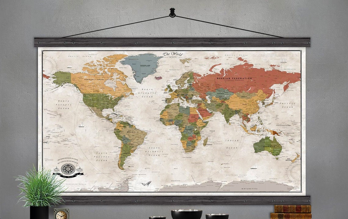 Large World Map | Push Pin Travel Map | Printed on Canvas | A Detaile…