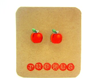 Apple Stud Earrings, Apple Jewelry, Post Earrings, Fruit Earrings, Fruit Jewelry, Food Earrings, Food Jewelry, Food Gift, Foodie Gift