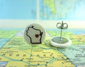 Wisconsin Earrings, Wisconsin Clip On Earrings, Wisconsin Jewelry, State Jewelry, Map Earrings, Home State Jewelry, Wisconsin Necklace