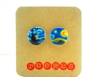 Starry Night Stud Earrings, Vincent Van Gogh Earrings, Jewelry, Starry Night Jewelry, Artsy Earrings, Artsy Jewelry, Quirky Gift Ideas