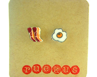 Bacon and Eggs Stud Earrings, Bacon and Eggs Jewelry, Breakfast Earrings, Breakfast Jewelry, Food Earrings, Food Jewelry, Gag Gift Ideas