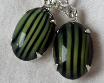 1930's Earrings Deadstock Czech Striped Cane Glass Rhinestones.