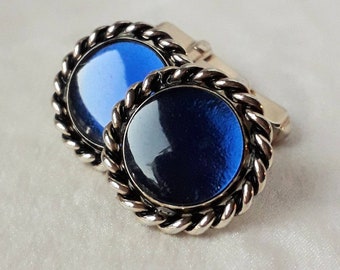 1960's Cufflinks-SWANK USA-Blue Foiled Glass Rounds.