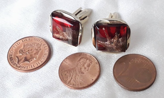 1960's Cufflinks Stratton Chunky Red Art Glass an… - image 9