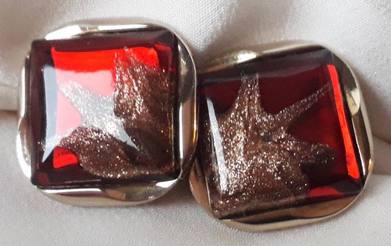 1960's Cufflinks Stratton Chunky Red Art Glass an… - image 1