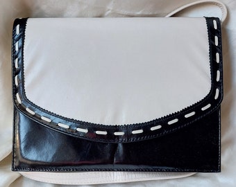 Jane Shilton Handbag, 1980's Structured Black and White Leather.