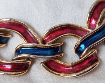 1980's Bracelet, Heavy Chunky Gilt with Red and Blue Enamel.