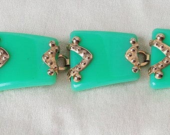 Lovely Bracelet, 1950's Green and Gold Panels.