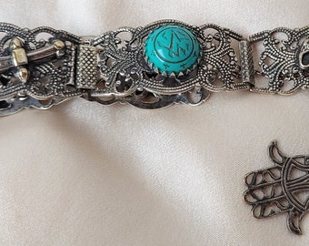 Pictorial Bracelet, Silver Plate and Turquoise Glass.