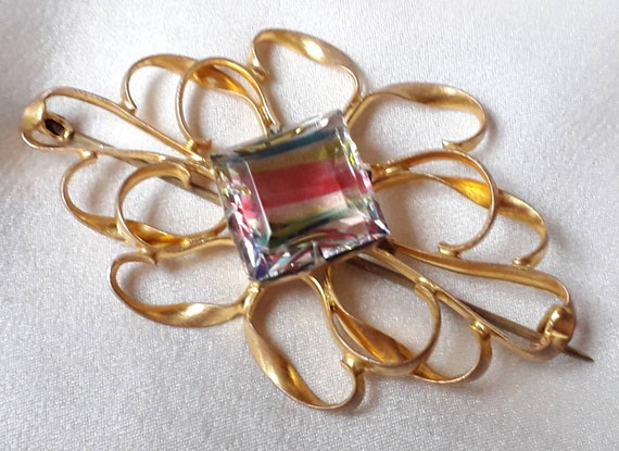 1930's Large Brooch- Iris- Rainbow Glass Rhineston