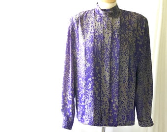 Vintage Clothing Blouse in Floral Print, High Neck Blouse in Gray and Violet, Print Tops For Women