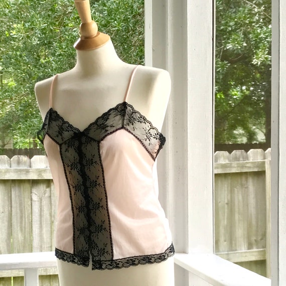 Camisole Pale Pink See Through Black Lace, Vintag… - image 6