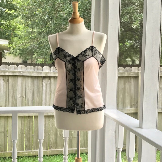 Camisole Pale Pink See Through Black Lace, Vintag… - image 7