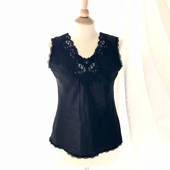 Lace lingerie camisole, women's size S Nylon black type Vintage Second Hand