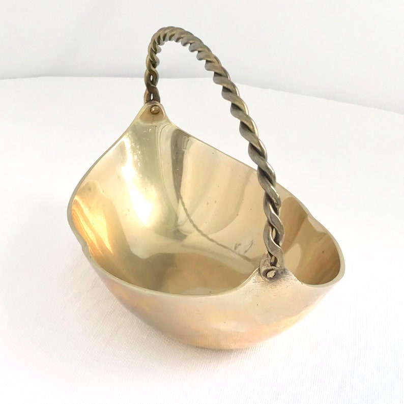 Mid Century Brass Basket Articulating Twist Handle Candy Dish Small Nut Dish Trinket Bowl
