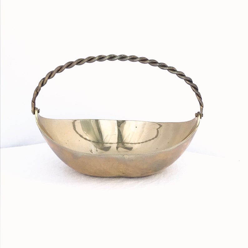 Mid Century Brass Basket Articulating Twist Handle Candy Dish Small Nut Dish Trinket Bowl