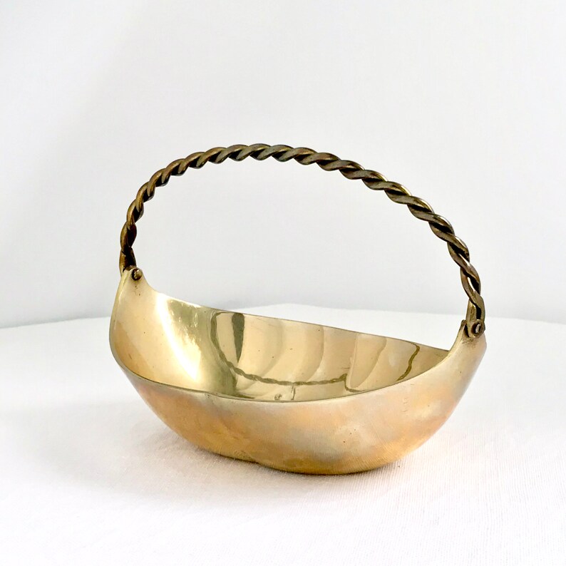 Mid Century Brass Basket Articulating Twist Handle Candy Dish Small Nut Dish Trinket Bowl