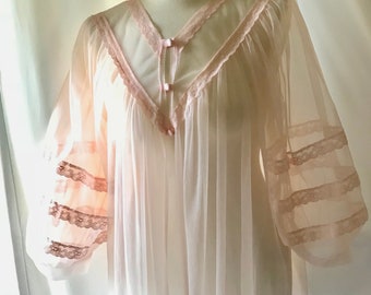 See Through Vintage Negligee Robe, Pink Chiffon Lace Dressing Gown Old Hollywood