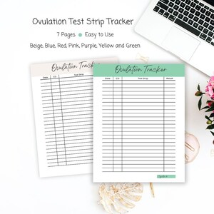 Puede incluir: Dos páginas imprimibles para hacer un seguimiento de las tiras de prueba de ovulación. Las páginas se titulan "Ovulation Tracker" y tienen columnas para la fecha, el día del ciclo, los resultados de las tiras de prueba y las notas.