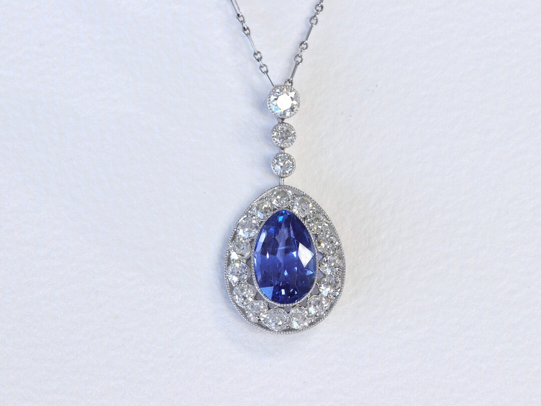 Art Deco Burma No Heat Sapphire and Old European Cut Diamond Pendant in ...