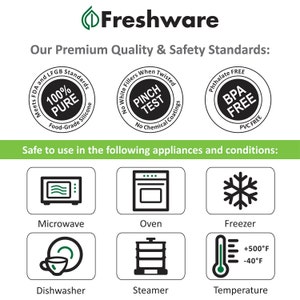 May include: A graphic illustrating the safety and quality standards of Freshware products. The graphic features icons for microwave, oven, freezer, dishwasher, steamer, and temperature safe use. The graphic also includes text that says "100% Pure, Food-Grade Silicone", "Pinch Test, No White Fillers When Twisted, No Chemical Coatings", and "BPA Free, PVC Free".
