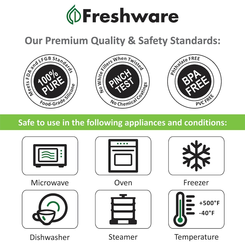 May include: A graphic illustrating the safety and quality standards of Freshware products. The graphic features icons for microwave, oven, freezer, dishwasher, steamer, and temperature safe use. The graphic also includes text that says "100% Pure, Food-Grade Silicone", "Pinch Test, No White Fillers When Twisted, No Chemical Coatings", and "BPA Free, PVC Free".