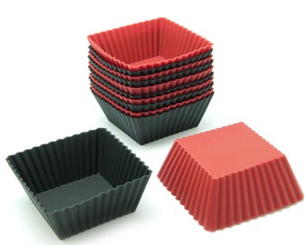 Freshware CB-306RB 12-Pack Silicone Square Reusable Cupcake and Muffin Baking Cups in Black and Red Colors, BPA Free