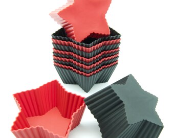 Freshware CB-303RB 12-Pack Silicone Mini Star Reusable Cupcake, Muffin, and Candy Baking Cups in Red & Black, BPA Free