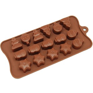 May include: Brown silicone mold with 15 cavities shaped like Christmas ornaments, stars, and trees.