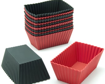 Freshware CB-308RB 12-Pack Silicone Mini Rectangle Reusable Cupcake, Muffin, and Candy Baking Cups in Red & Black Colors, BPA Free
