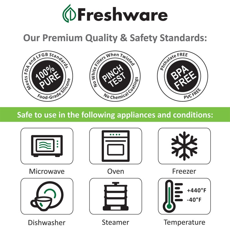 May include: A graphic showing the safety and quality standards of Freshware products. The graphic includes icons for microwave, oven, freezer, dishwasher, steamer, and temperature safe use. The text states that the products are 100% pure, food-grade silicone, BPA free, and PVC free.