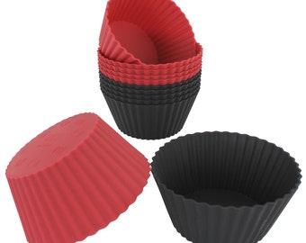 Freshware CB-320RB 12-Pack Silicone Jumbo Round Reusable Cupcake and Muffin Baking Cups in Red and Black Colors, BPA Free