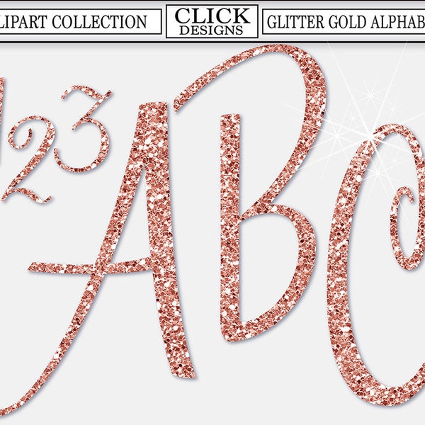 GLITTER ROSE GOLD Alphabet Digital ClipArt: Letters, Numbers, Symbols, Printable Rose Gold Letters, Large Alphabet Clip Art, Transparent Png