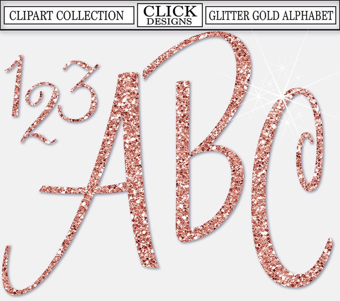 GLITTER ROSE GOLD Alphabet Digital ClipArt Letters Numbers Etsy