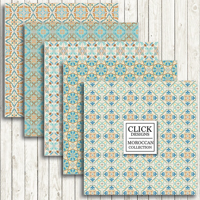 Moroccan Digital Paper: RETRO MOROCCAN TILES retro seamless mosaic scrapbook papers in turquoise and coral, Lisbon tiles, arabesque ethnic image 2