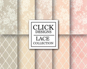 Lace Digital Paper: "BLUSH LACE" scrapbook romantic papers with lace roses & elements in blush textured papers for wedding invites, carts