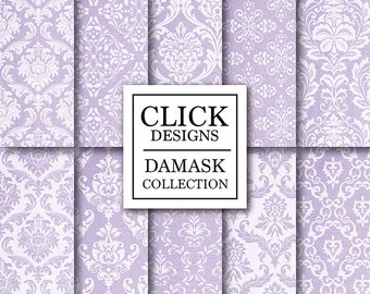 Damask Digital Paper: "DAMASK LILAC" digital papers with vintage elements in lilac, patterns for scrapbooking, invites, carts, crafts