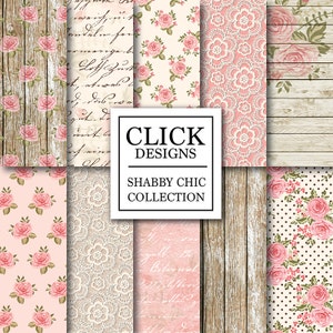 Shabby Chic Digital Paper: "WOOD & LACE ROMANTIC" Floral romantic scrapbooking papers with roses, in pink, beige for wedding invites, carts