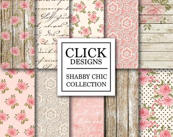 Shabby Chic Digital Paper: "WOOD & LACE ROMANTIC" Floral romantic scrapbooking papers with roses, in pink, beige for wedding invites, carts