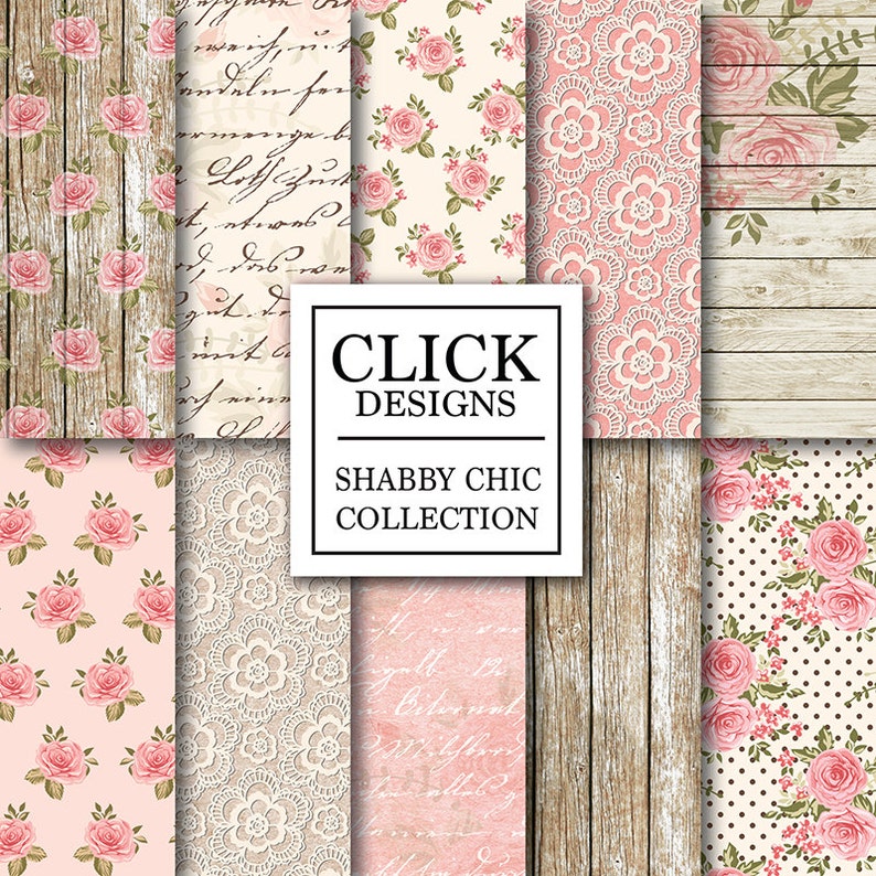 Shabby Chic Digital Paper: 'WOOD & LACE ROMANTIC' Floral romantic scrapbooking papers with roses, in pink, beige for wedding invites, carts 