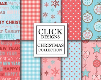 Christmas Digital Paper: "CHRISTMAS RED TURQUOISE" scrapbook paper pack with snowflakes dots, plaid, text for xmas invites, carts, crafts