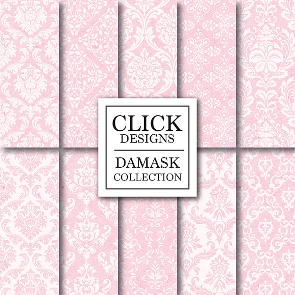 Damask Digital Paper: "DAMASK PINK" digital paper pack with pink vintage elements, for scrapbooking, invites, carts, photography backdrops